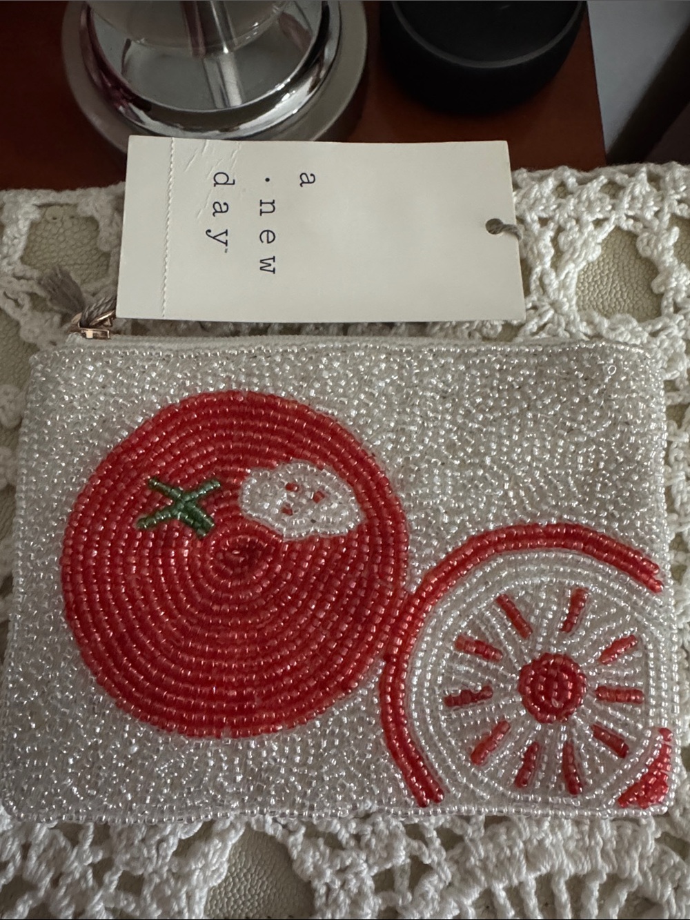 a new day White Beaded Clutch with Red Citrus Design